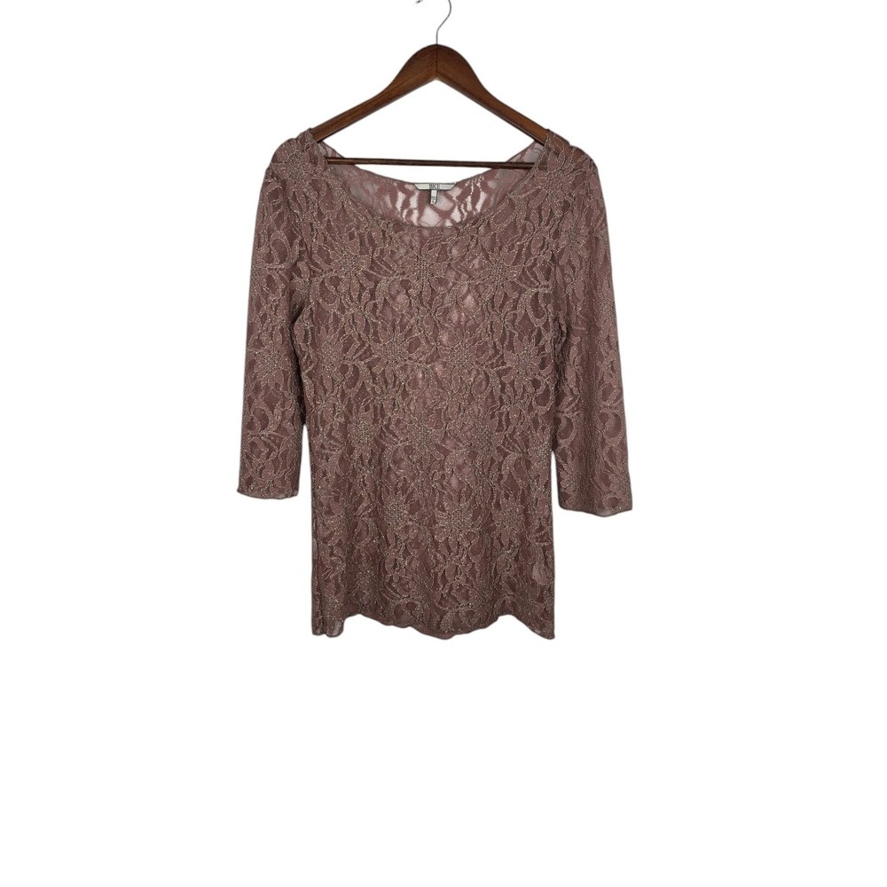BKE Lace Top Womens L Dusty Mesh Boho Metallic 3/4 Sleeve Floral Chic Y2K Grunge